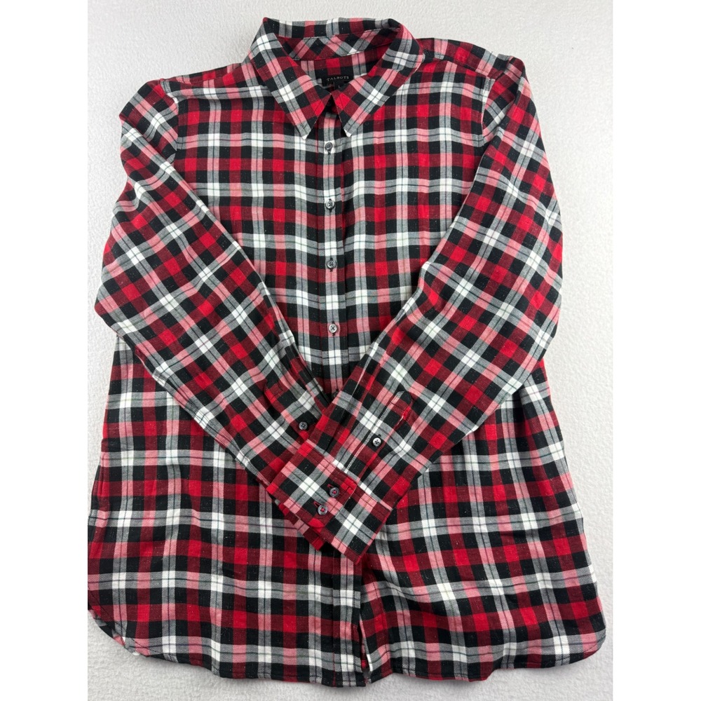 Talbots Womens Red Black Plaid Metallic Button Down Shirt Size L Long Sleeve